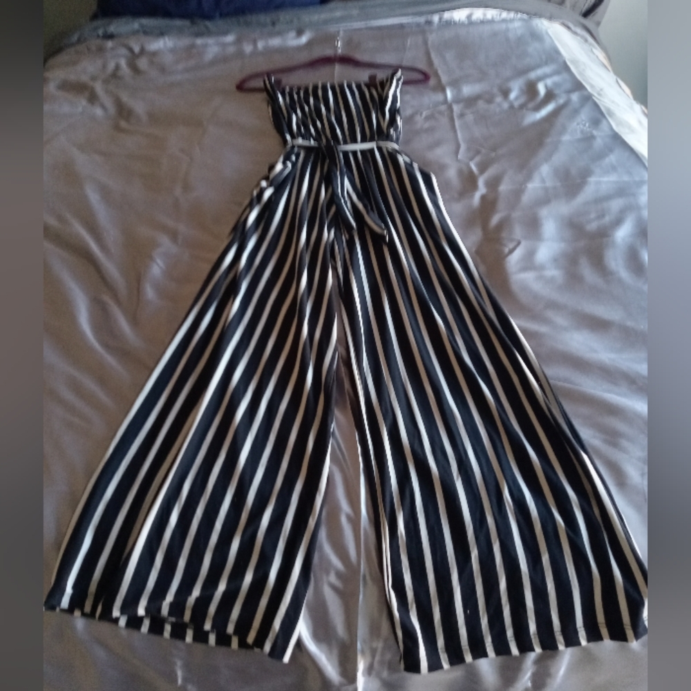 1 piece strapless pinstripe pants with belt